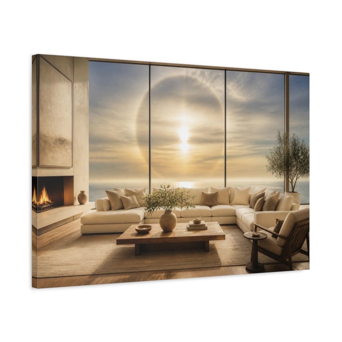 Sun Halo Living Room View Canvas Print – Above Sofa, Butter Yellow & Smoke Blue - YesArtYes