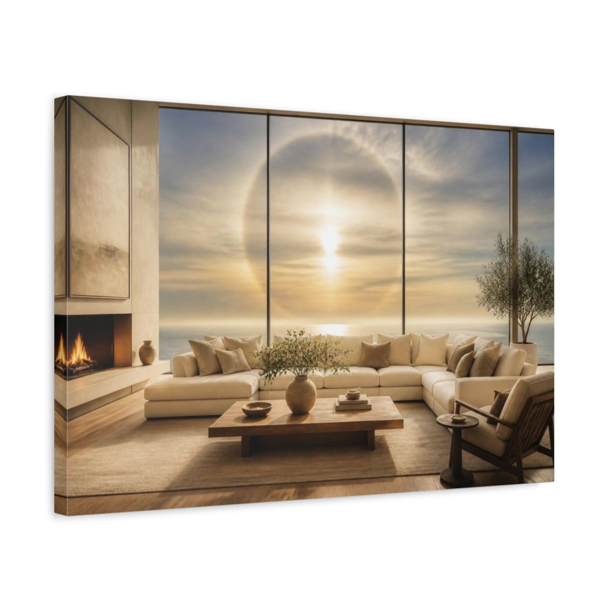 Sun Halo Living Room View Canvas Print – Above Sofa, Butter Yellow & Smoke Blue - YesArtYes