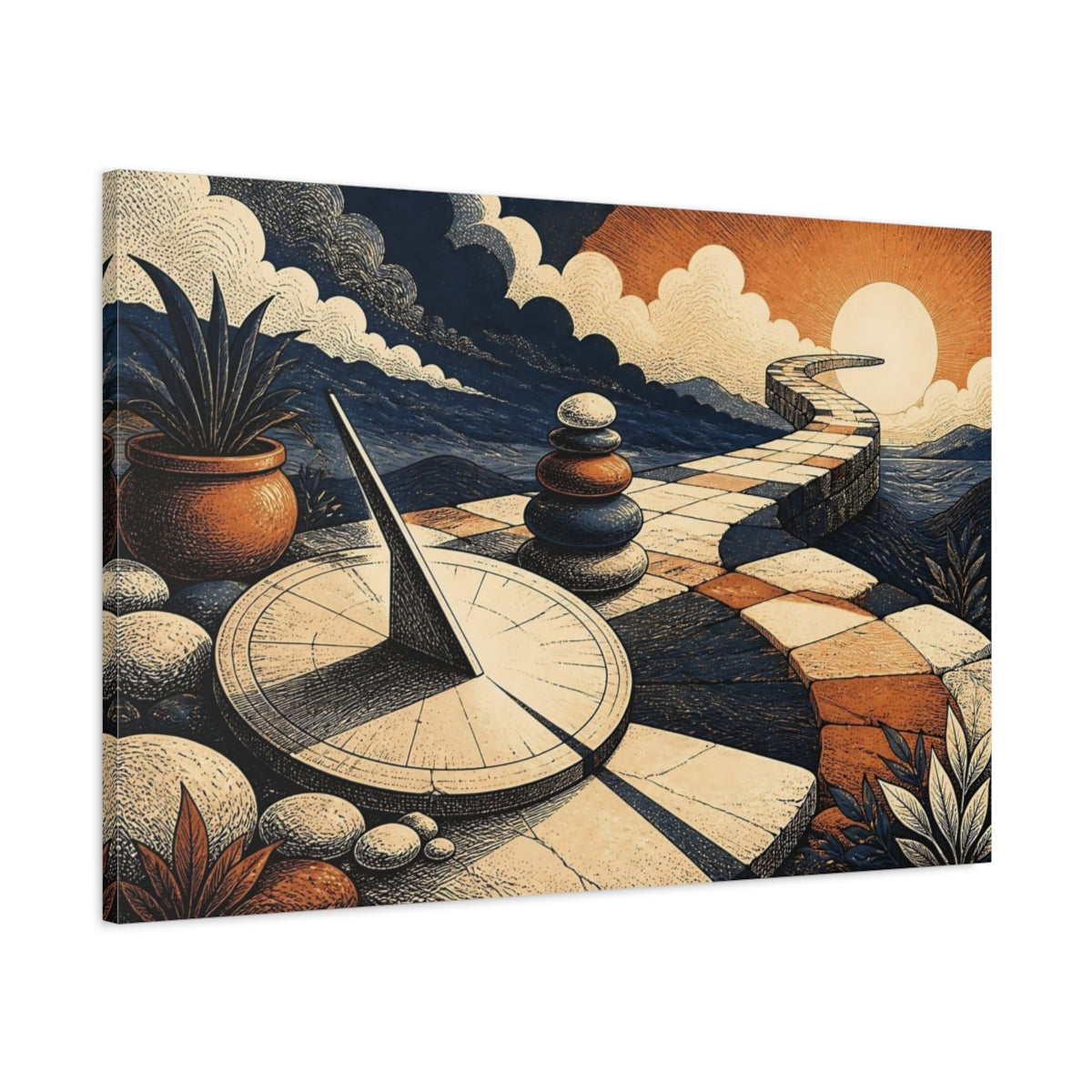 Main Mockup. Sundial And Winding Path shown as canvas print