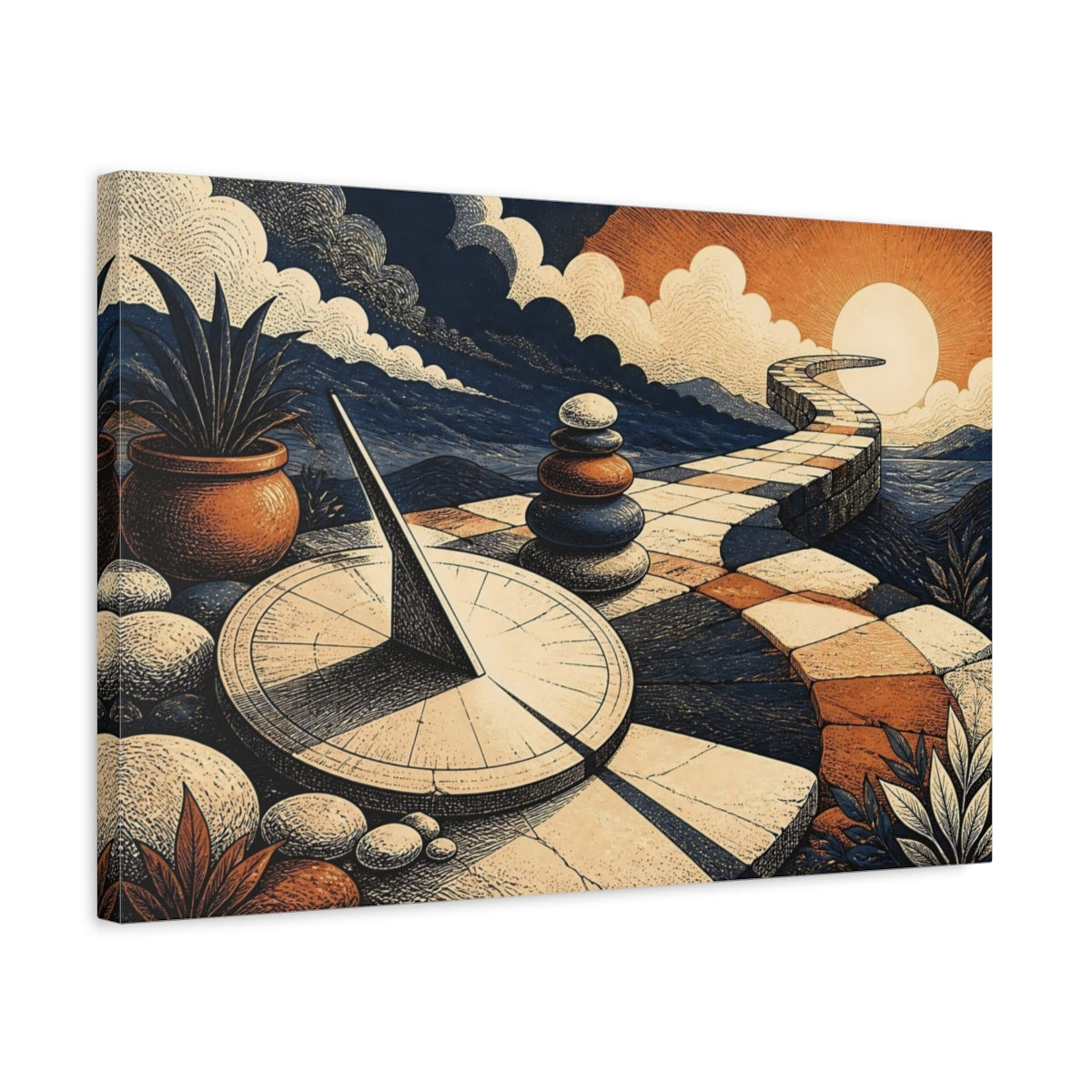 Side Mockup 3. Sundial And Winding Path shown as canvas print