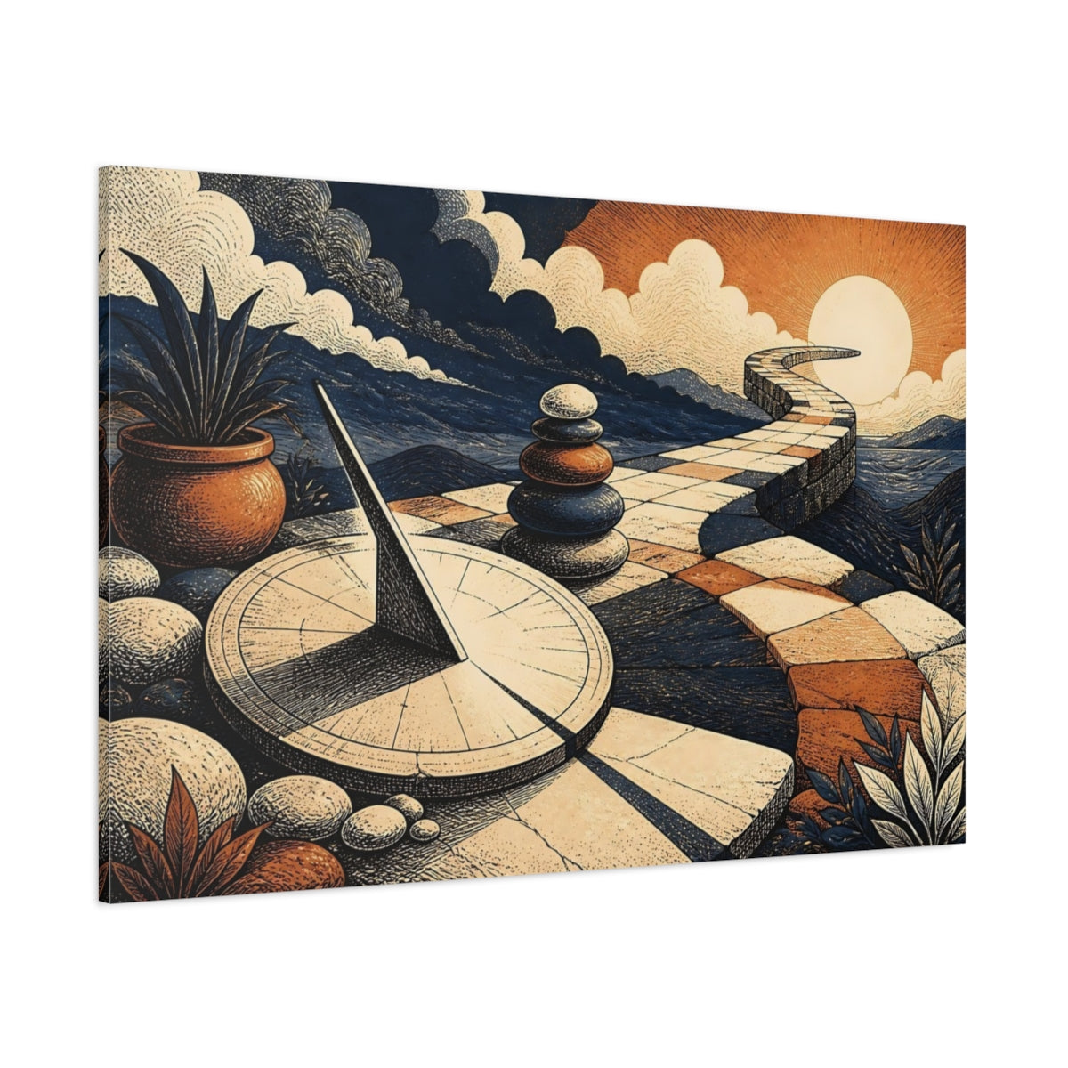 Side Mockup 1. Sundial And Winding Path shown as canvas print