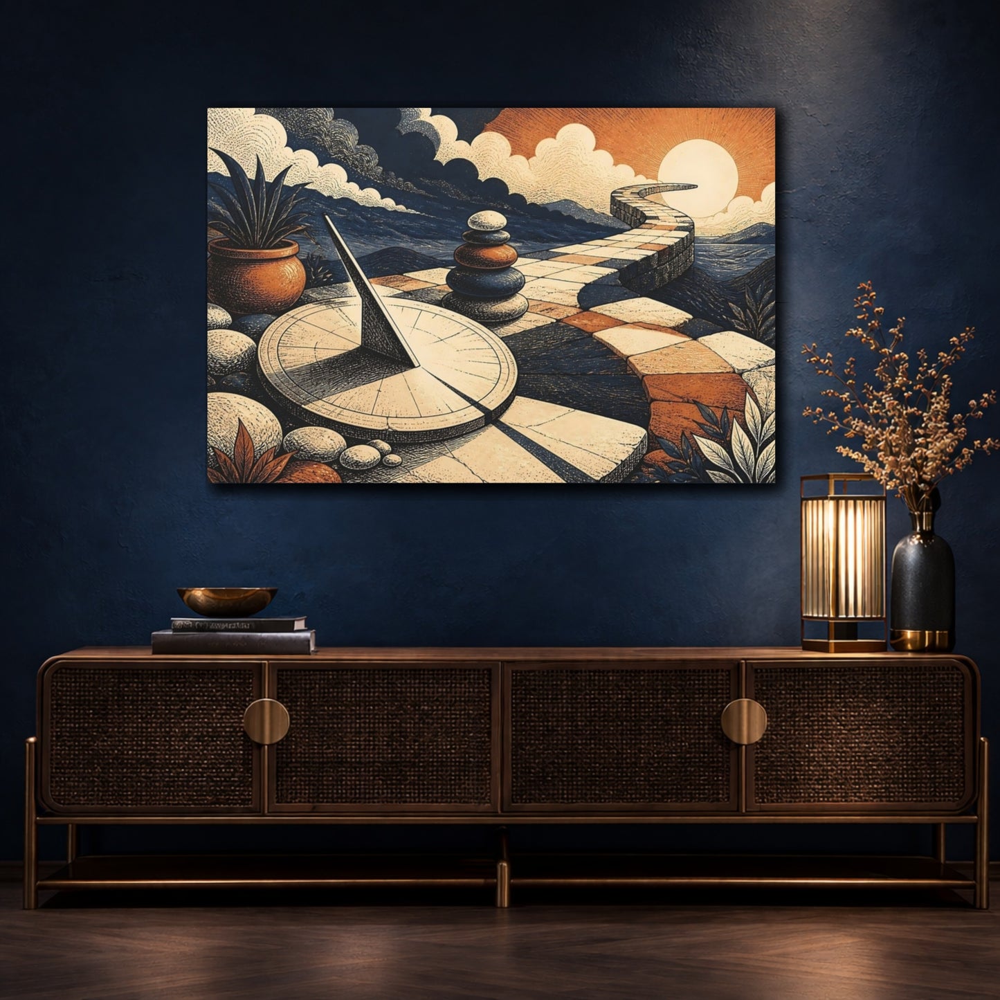 Mockup 4. Sundial And Winding Path shown as canvas print