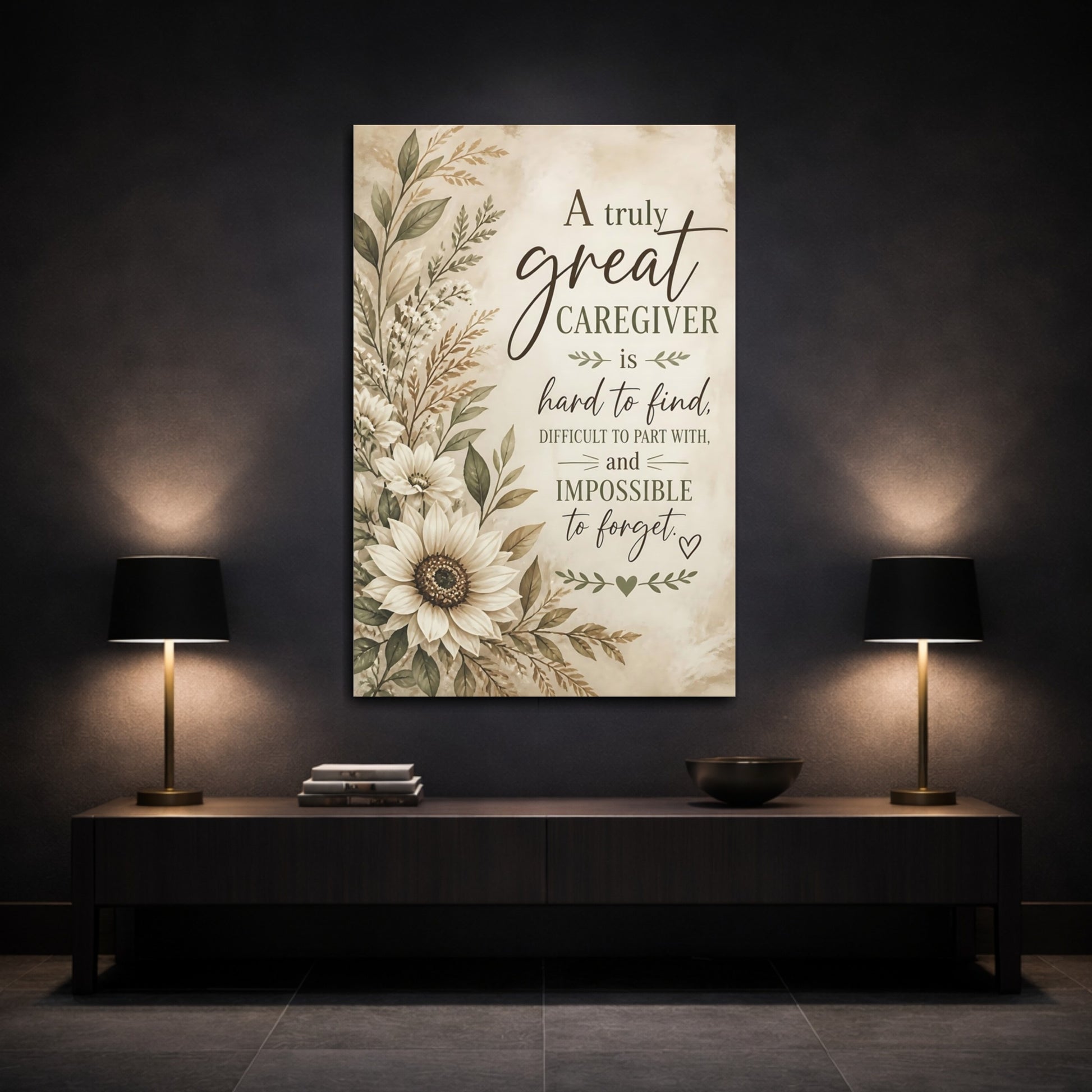 Mockup 3. Sunflower Caregiver Quote shown as canvas print