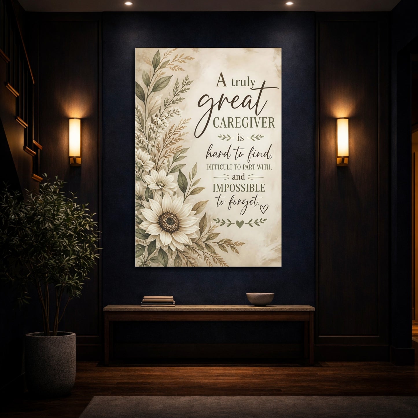 Mockup 4. Sunflower Caregiver Quote shown as canvas print