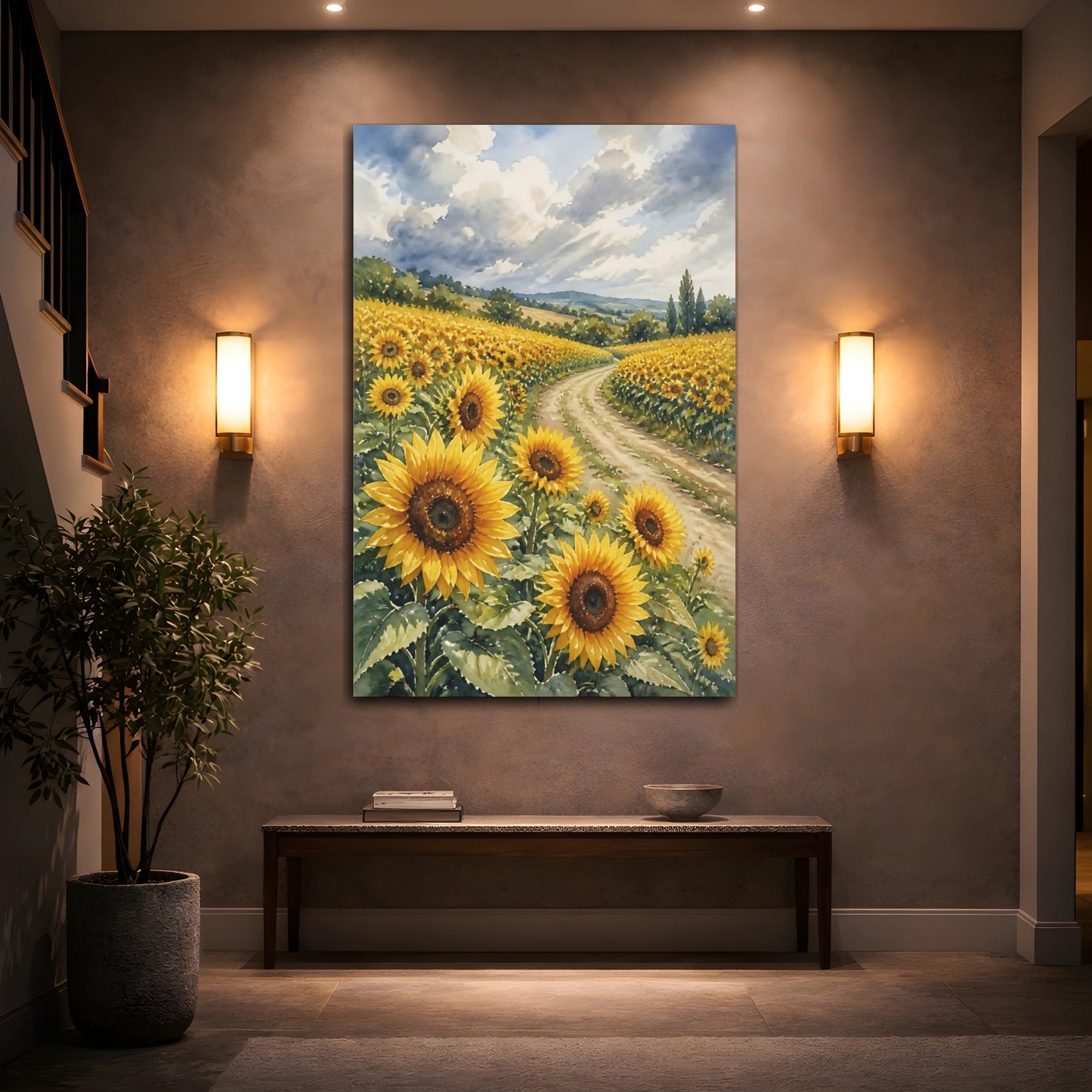 Mockup 2. Sunflower Floral Path shown as canvas print