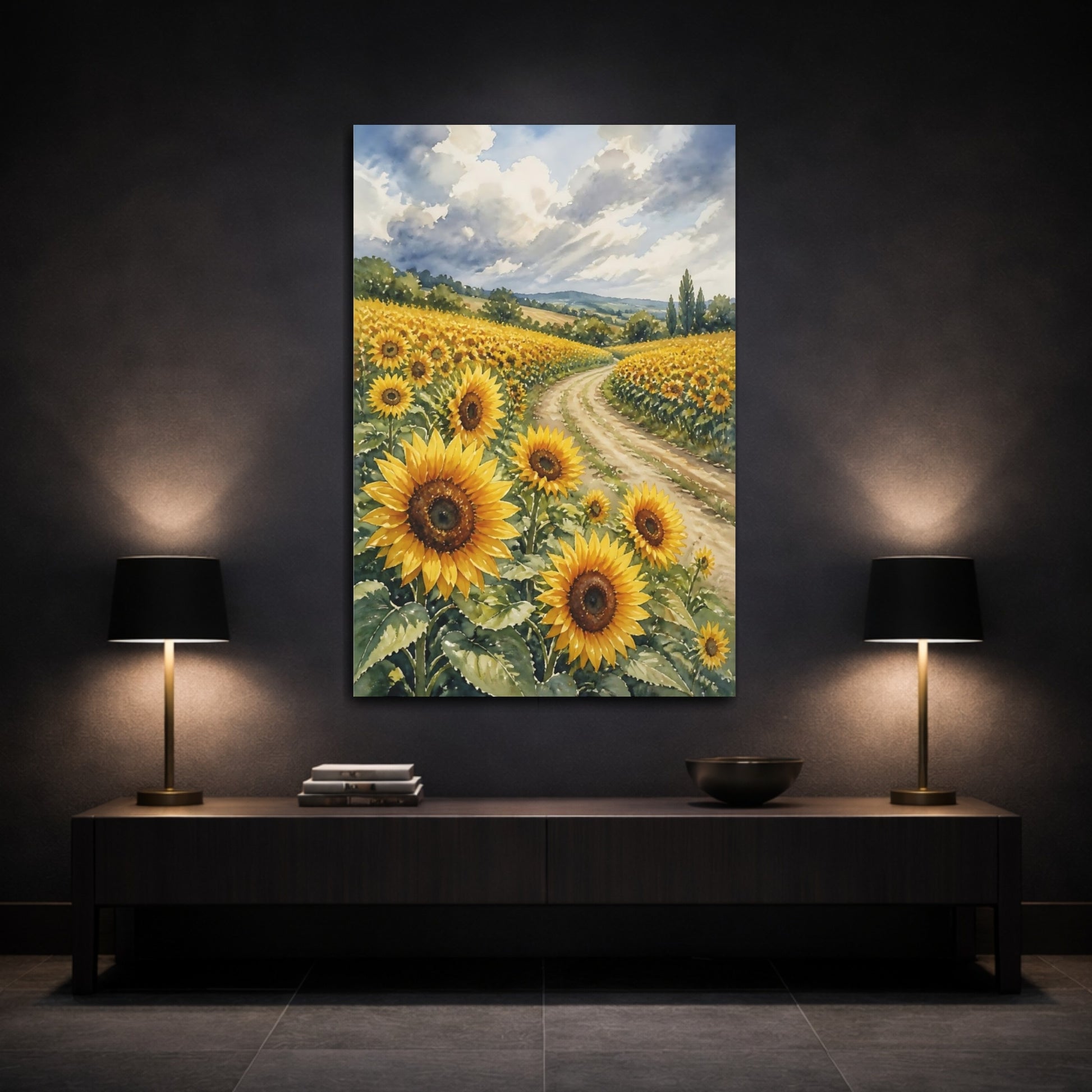 Mockup 3. Sunflower Floral Path shown as canvas print