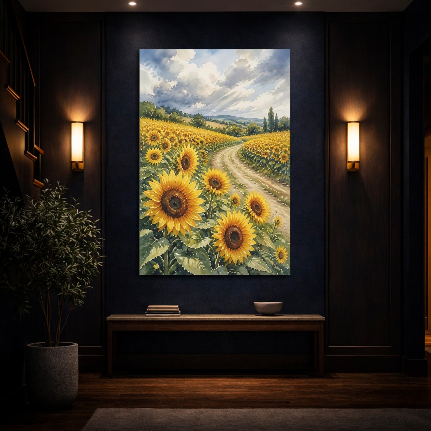 Mockup 4. Sunflower Floral Path shown as canvas print