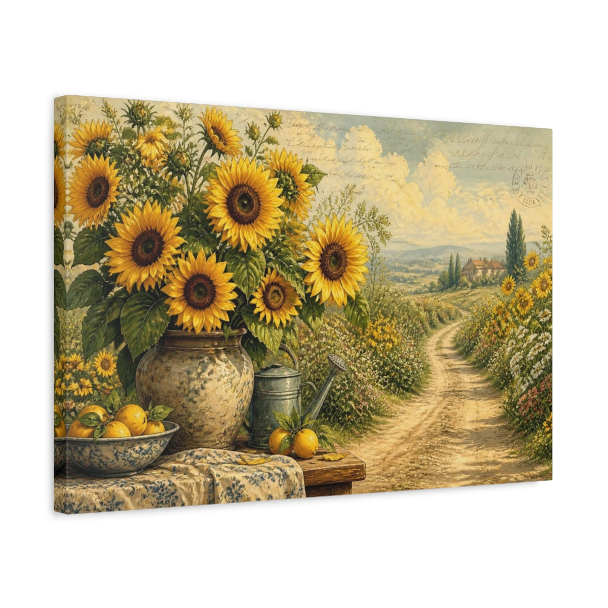 Side Mockup 3. Sunflowers Across Country Road shown as canvas print