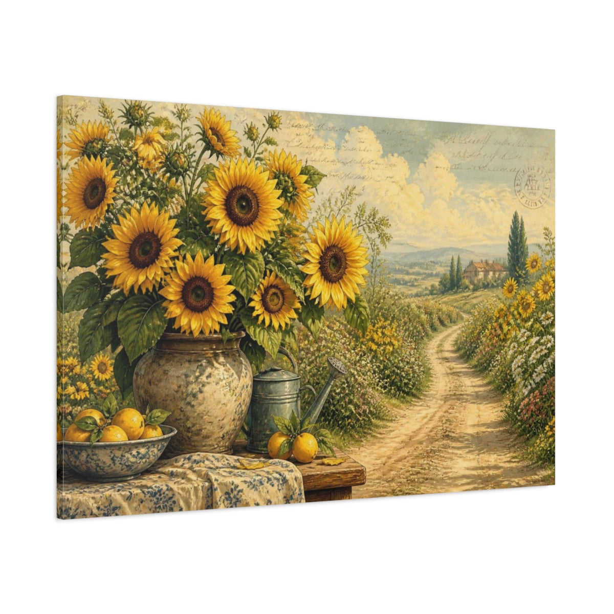 Side Mockup 1. Sunflowers Across Country Road shown as canvas print