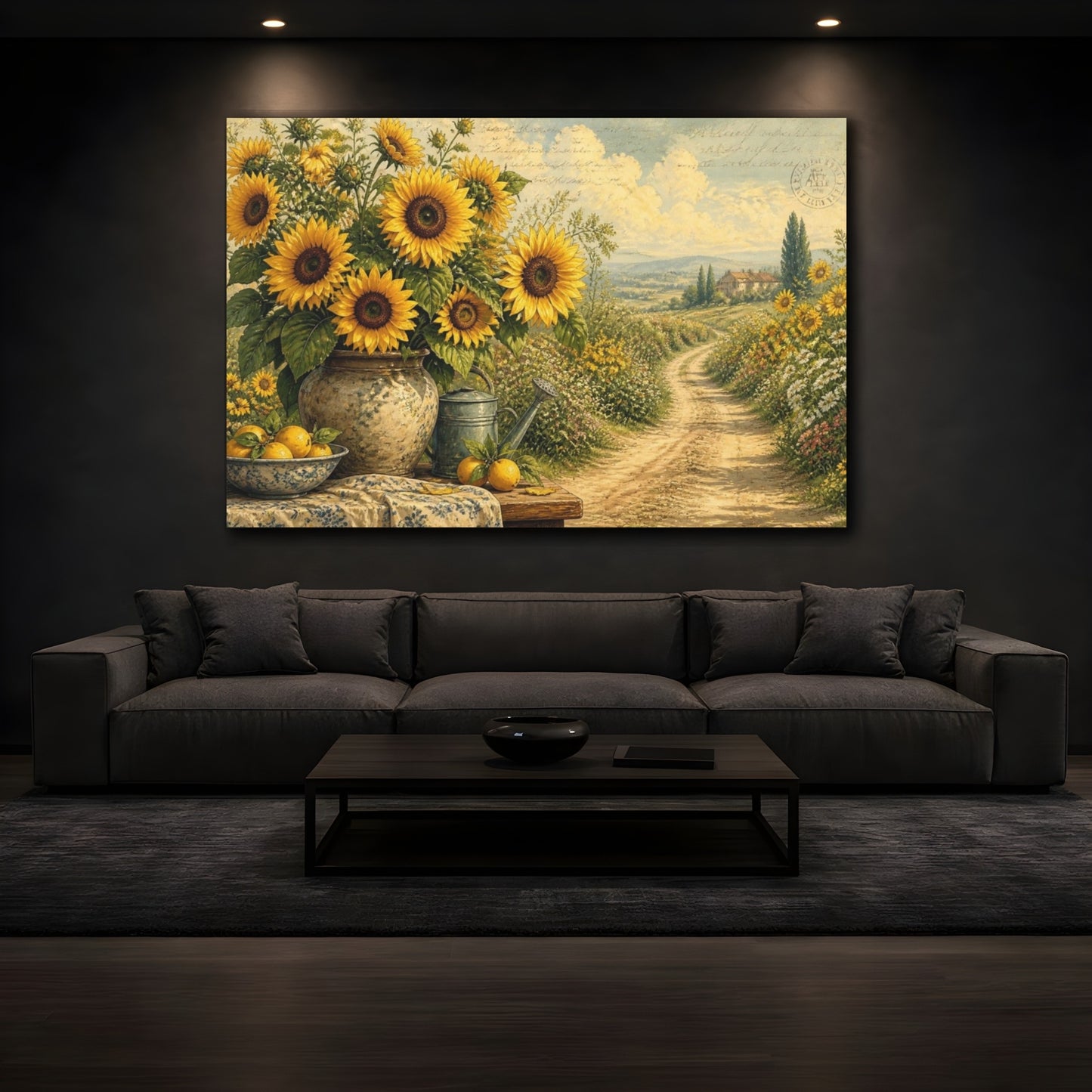 Mockup 3. Sunflowers Across Country Road shown as canvas print
