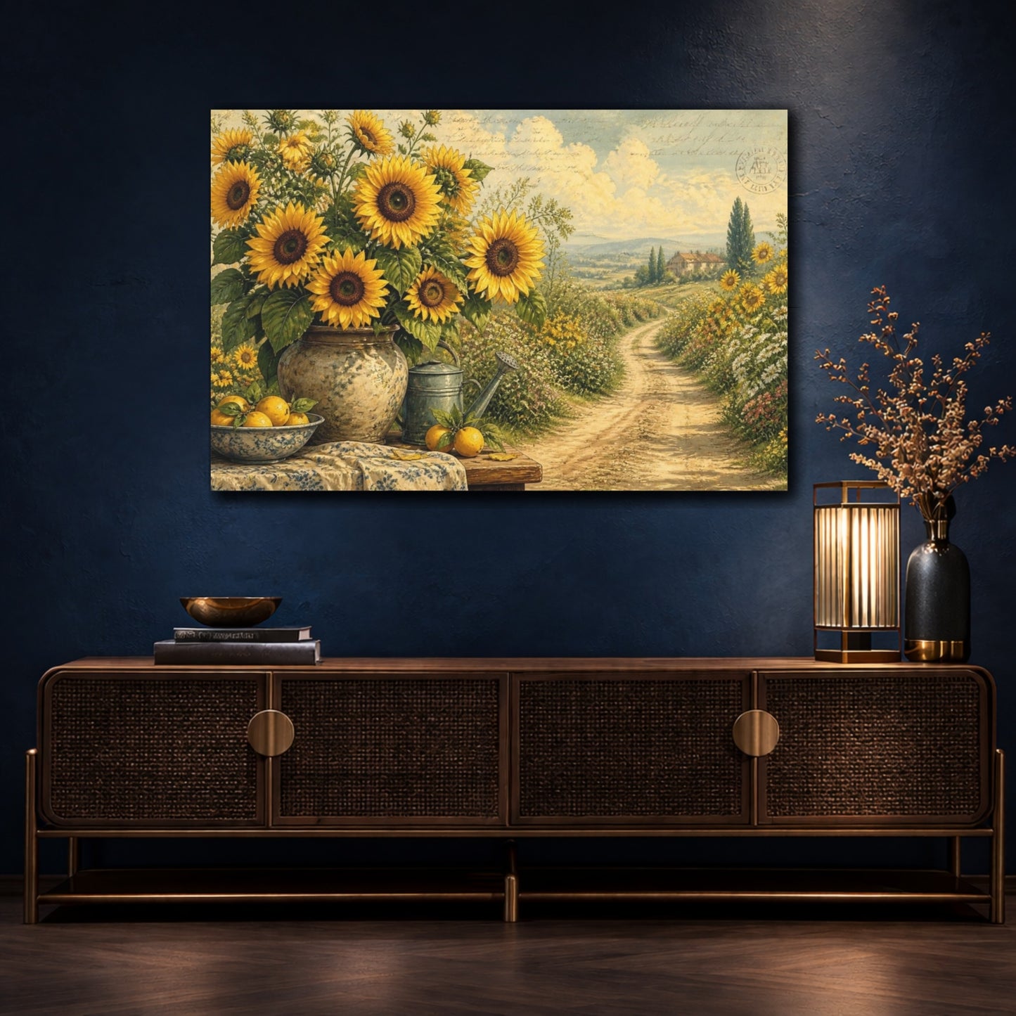 Mockup 4. Sunflowers Across Country Road shown as canvas print