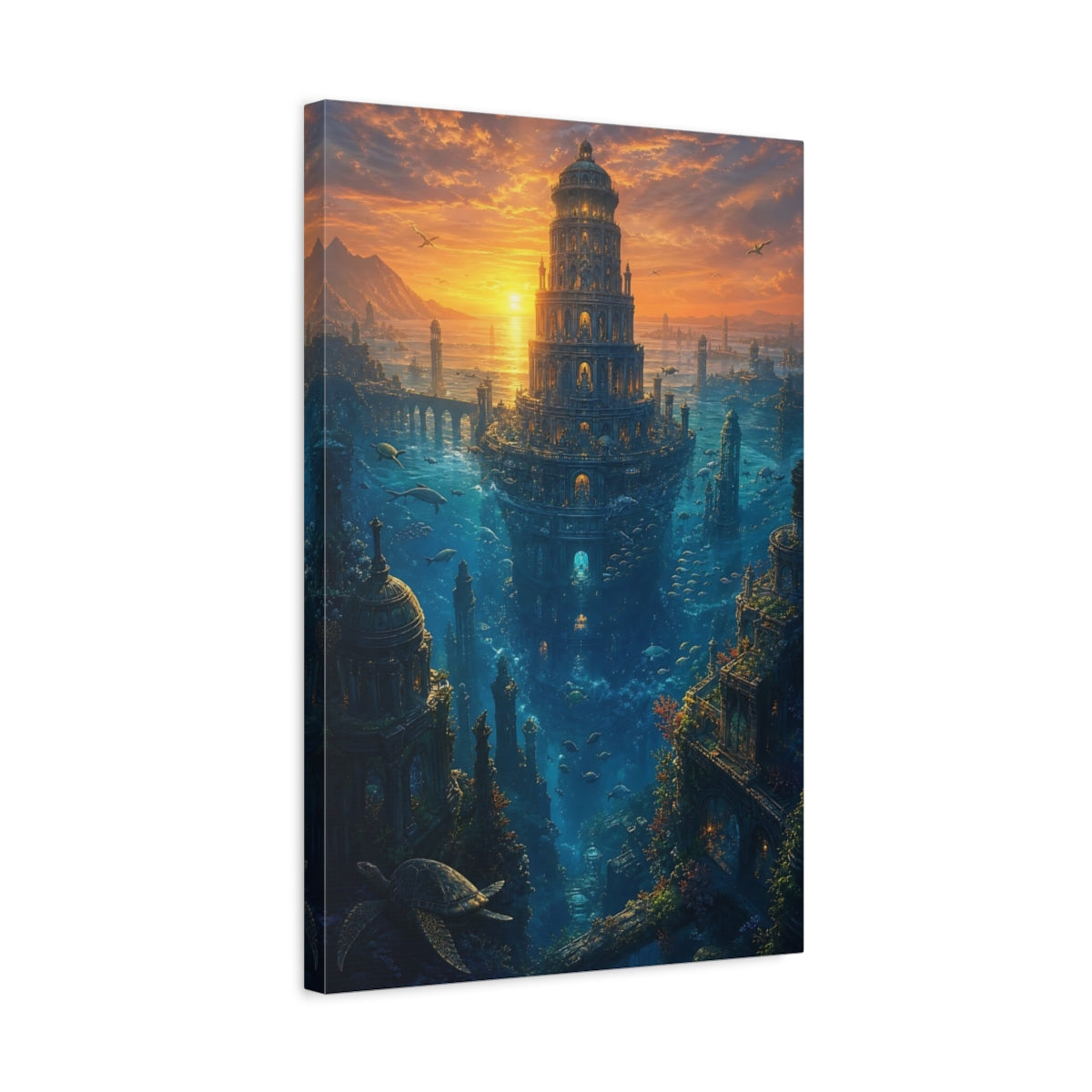 Side Mockup 3. Sunken Tower At Dusk shown as canvas print