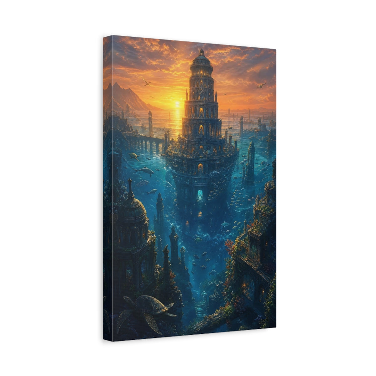 Side Mockup 4. Sunken Tower At Dusk shown as canvas print