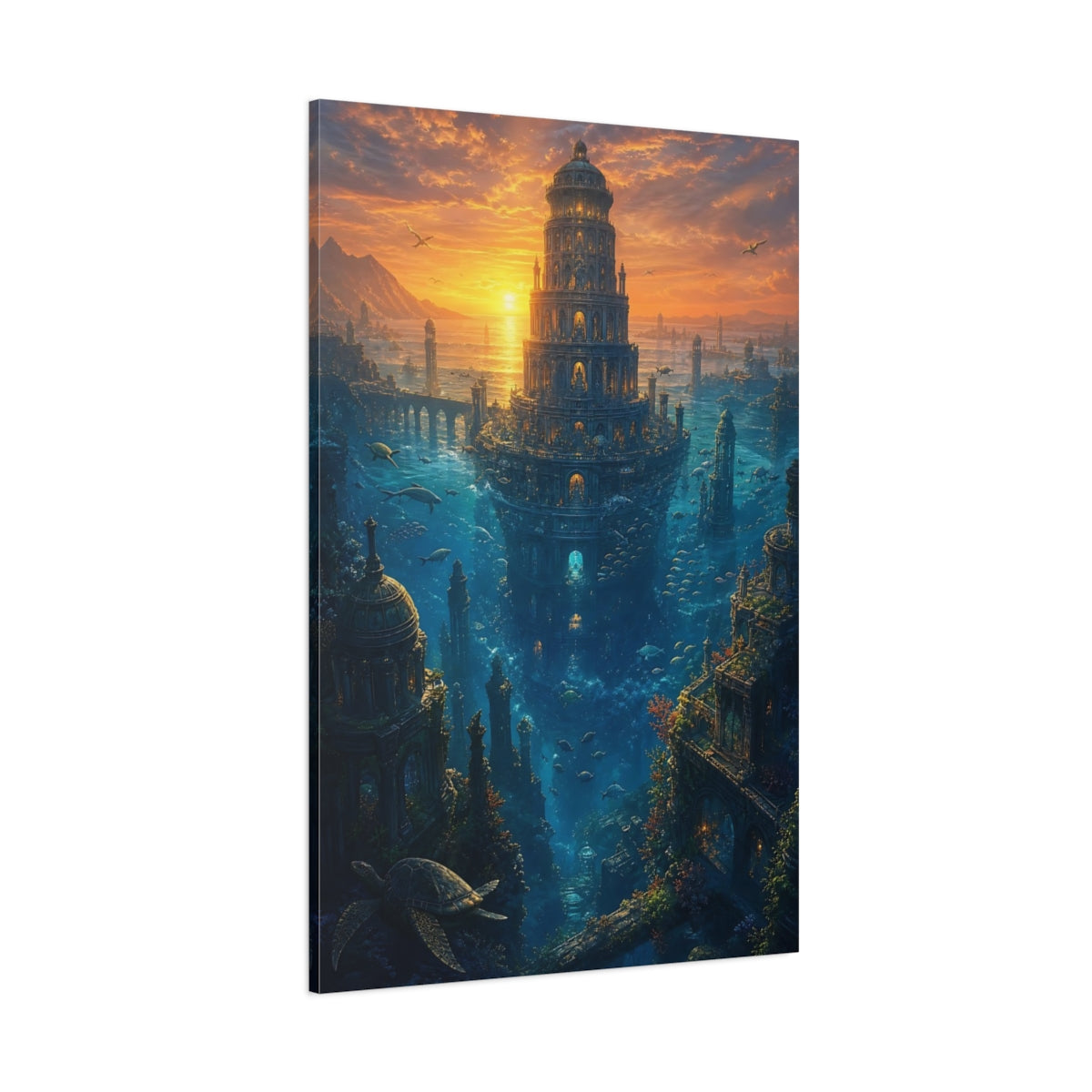 Side Mockup 1. Sunken Tower At Dusk shown as canvas print
