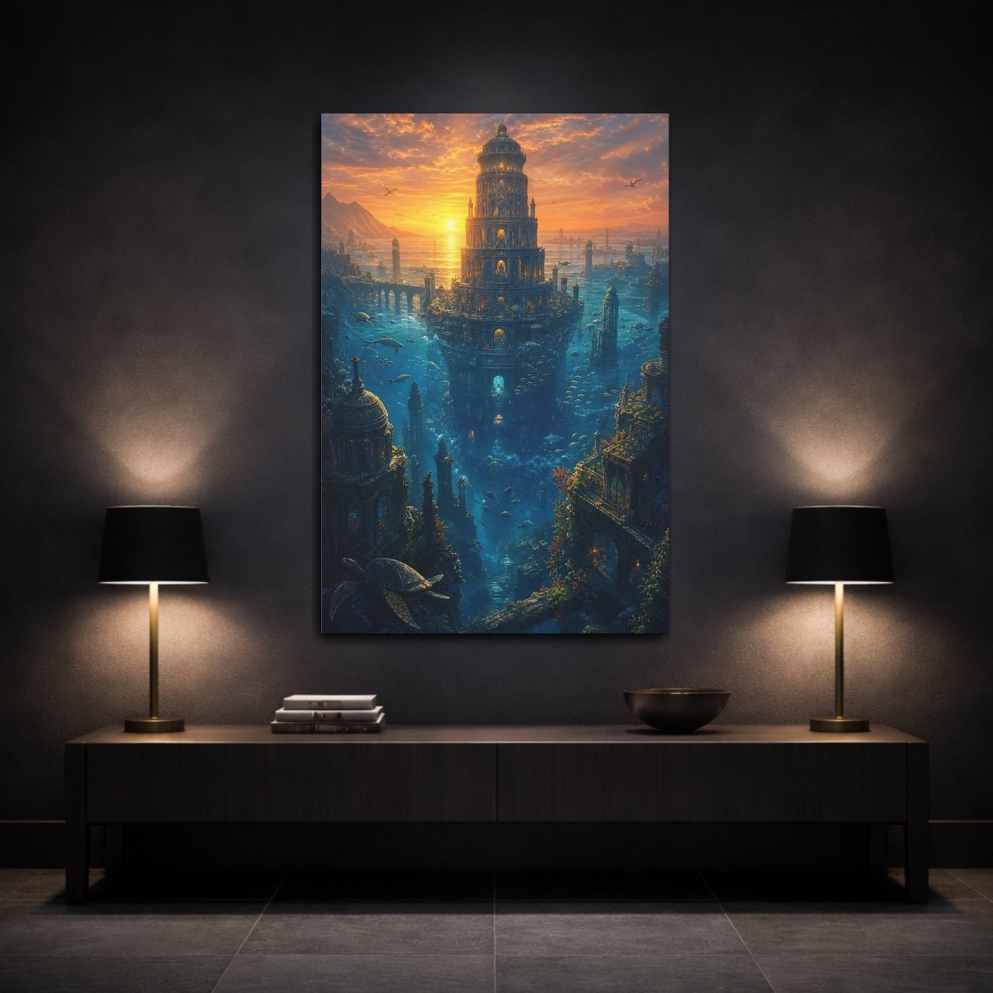 Mockup 3. Sunken Tower At Dusk shown as canvas print