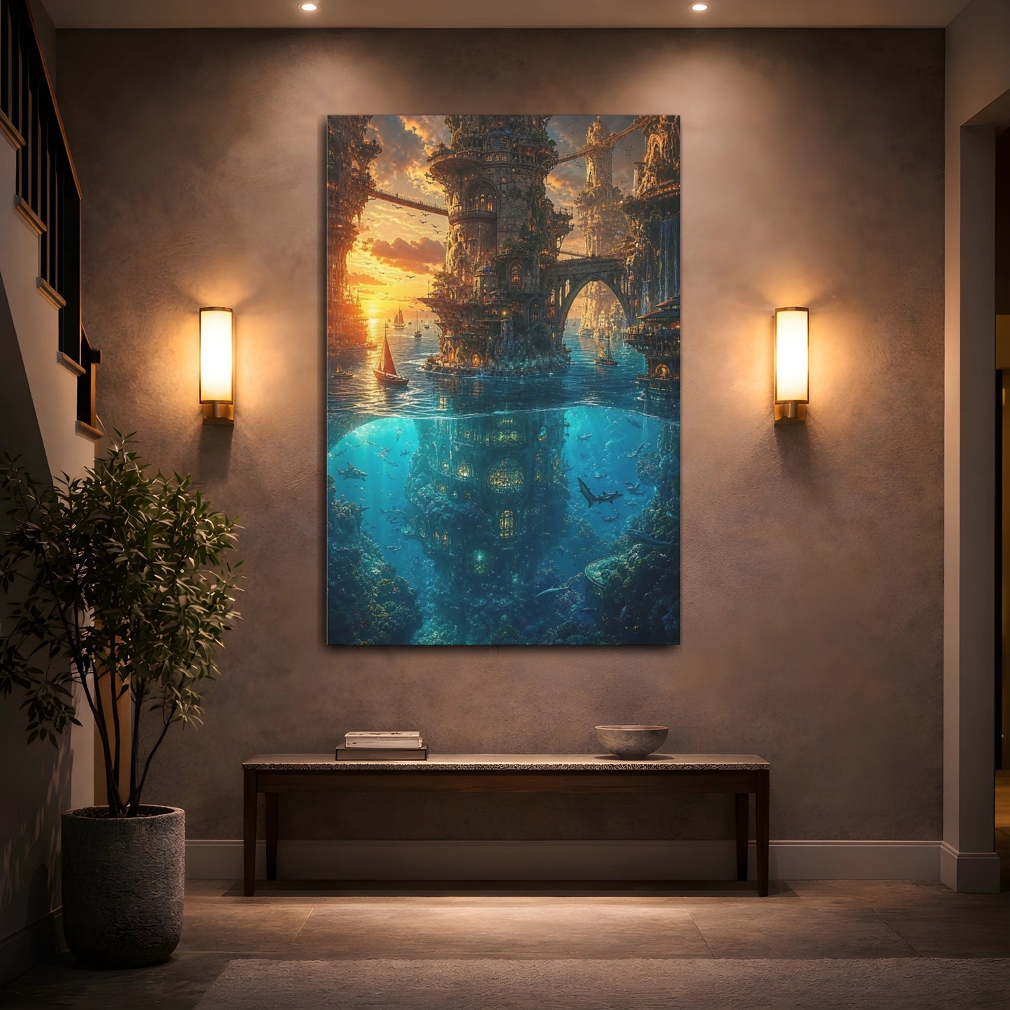 Mockup 2. Sunken Tower City shown as canvas print