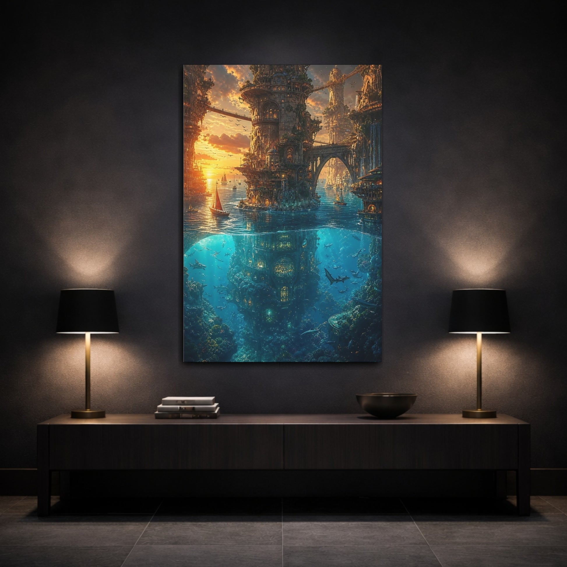 Mockup 3. Sunken Tower City shown as canvas print