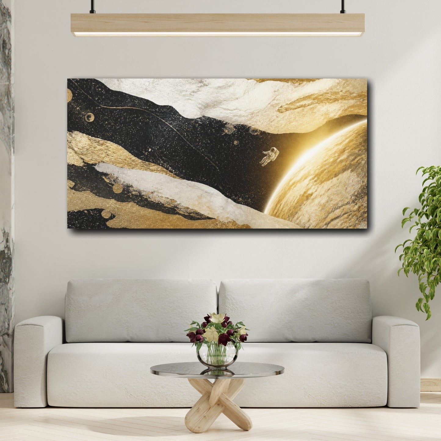 Mockup 2. Sunlit Astronaut Over Planet shown as canvas print