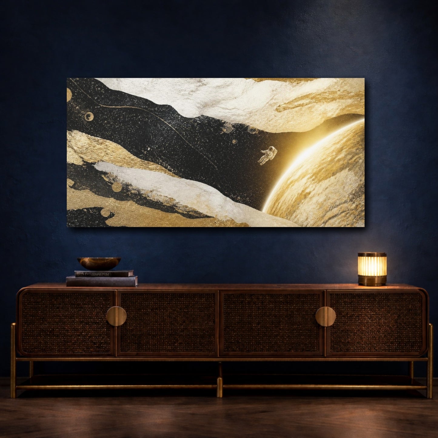 Mockup 4. Sunlit Astronaut Over Planet shown as canvas print