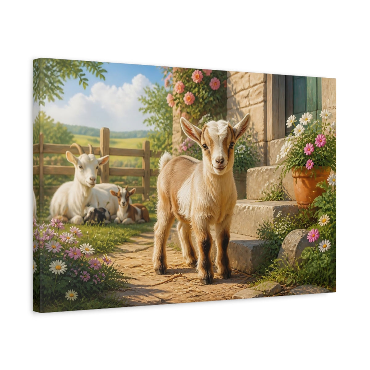 Side Mockup 3. Sunlit Baby Goat shown as canvas print
