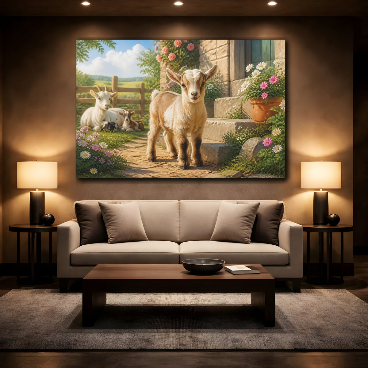 Mockup 2. Sunlit Baby Goat shown as canvas print