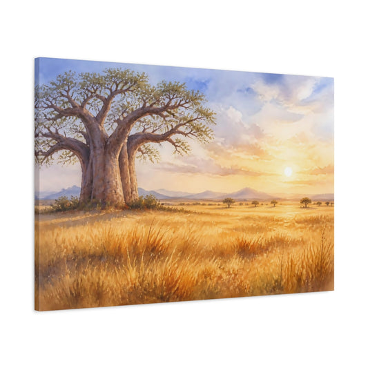 Main Mockup. Sunlit Baobab At Dawn shown as canvas print