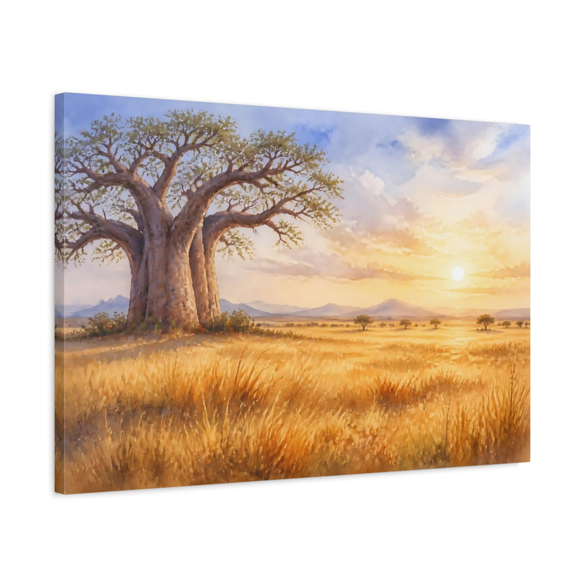 Side Mockup 2. Sunlit Baobab At Dawn shown as canvas print