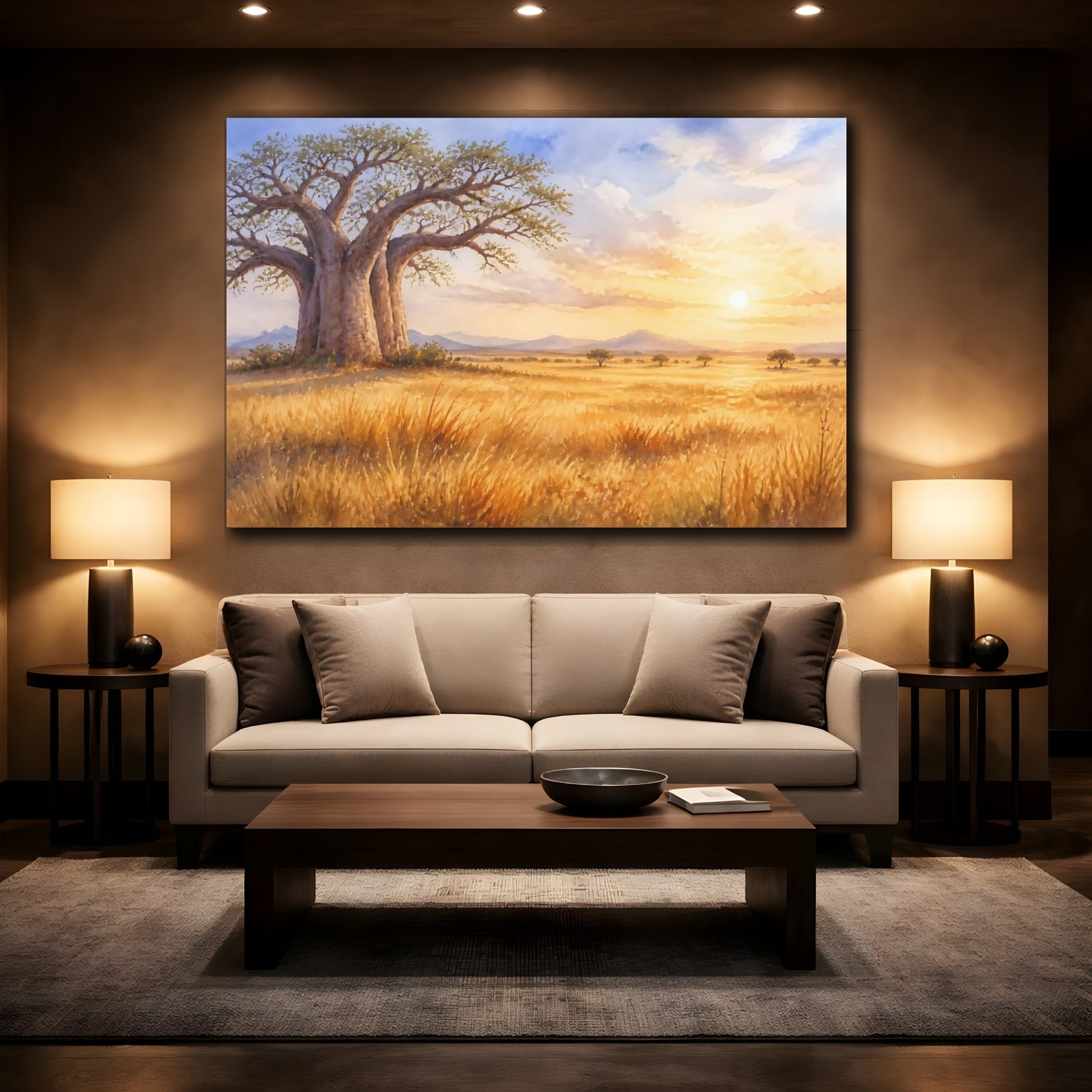 Mockup 2. Sunlit Baobab At Dawn shown as canvas print