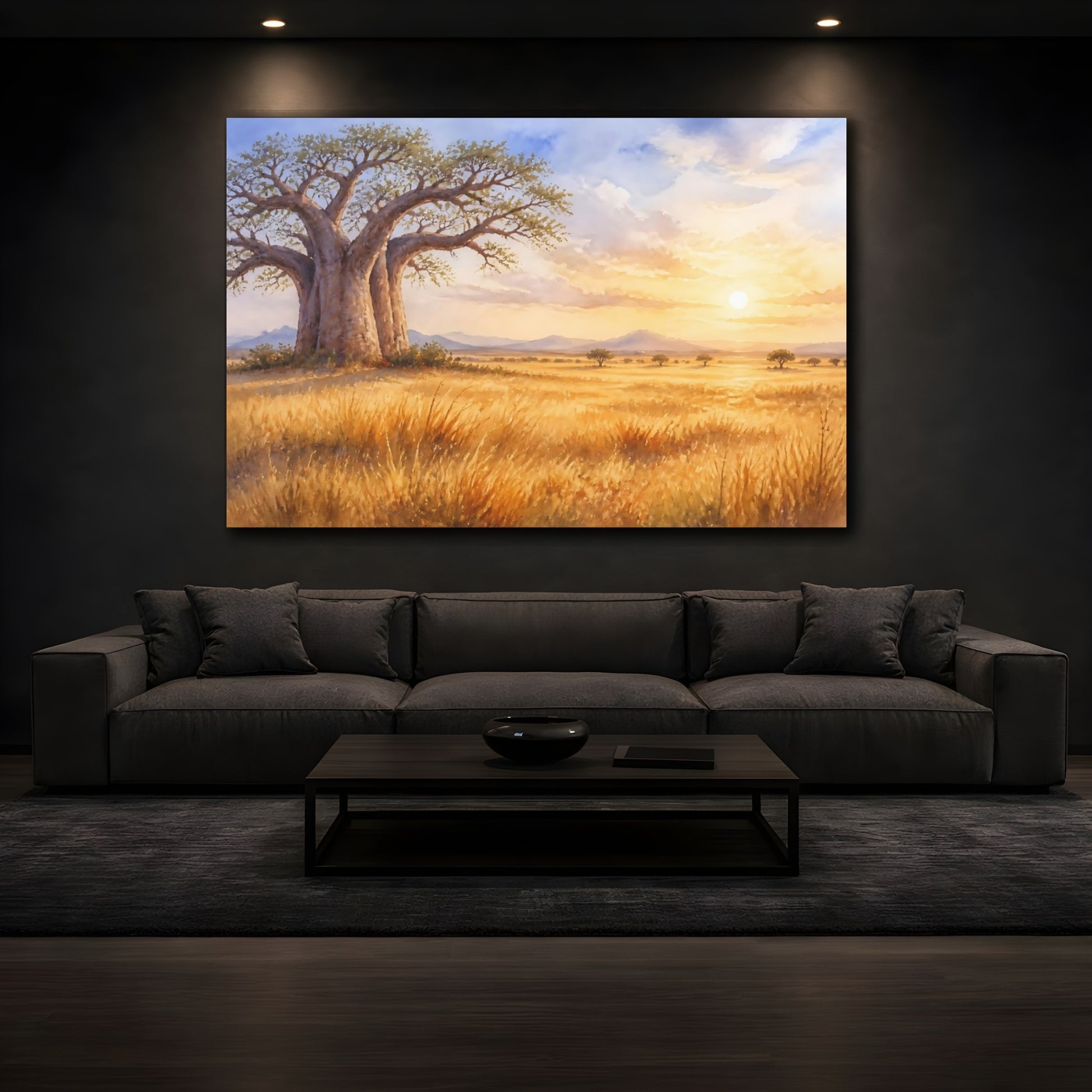 Mockup 3. Sunlit Baobab At Dawn shown as canvas print
