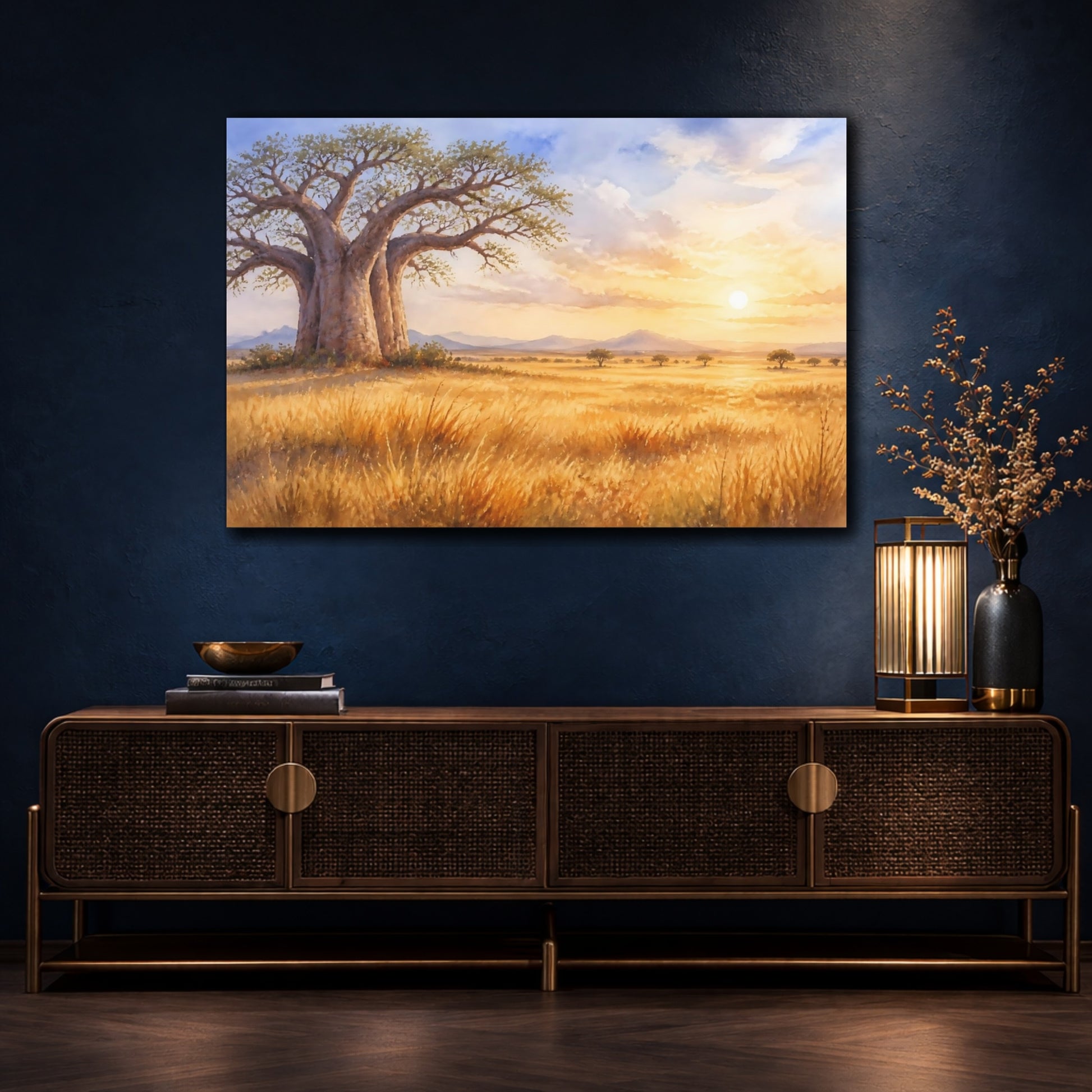 Mockup 4. Sunlit Baobab At Dawn shown as canvas print