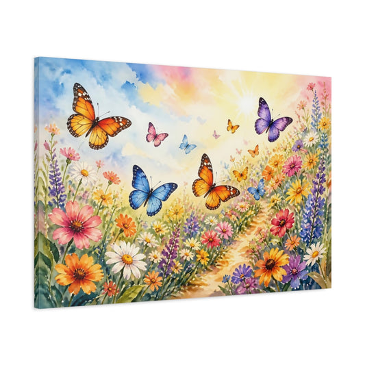 Main Mockup. Sunlit Butterfly Meadow shown as canvas print