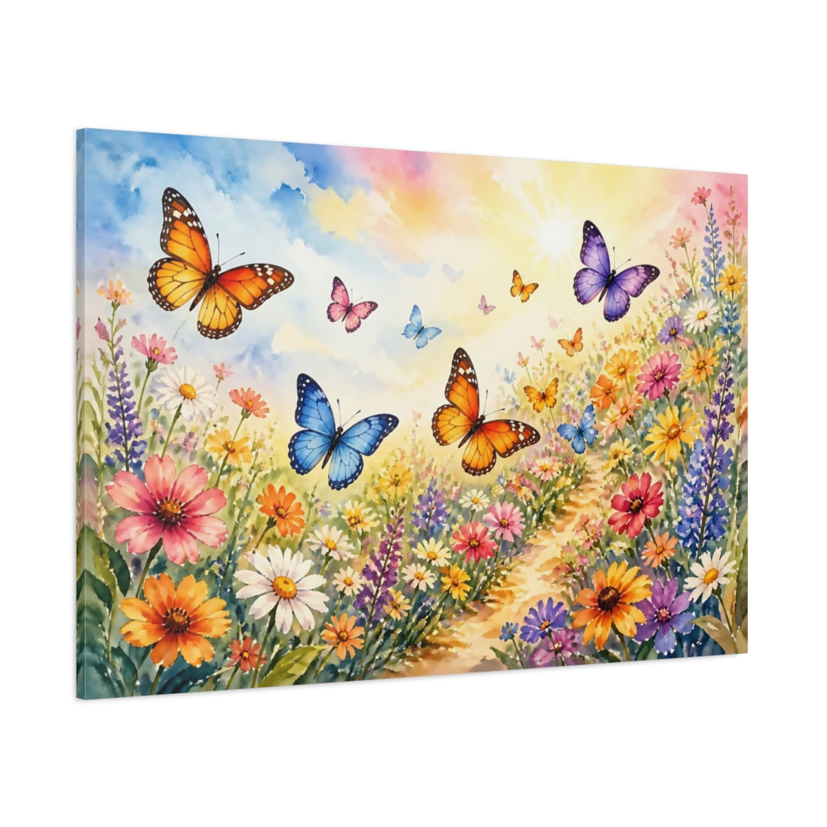 Side Mockup 1. Sunlit Butterfly Meadow shown as canvas print