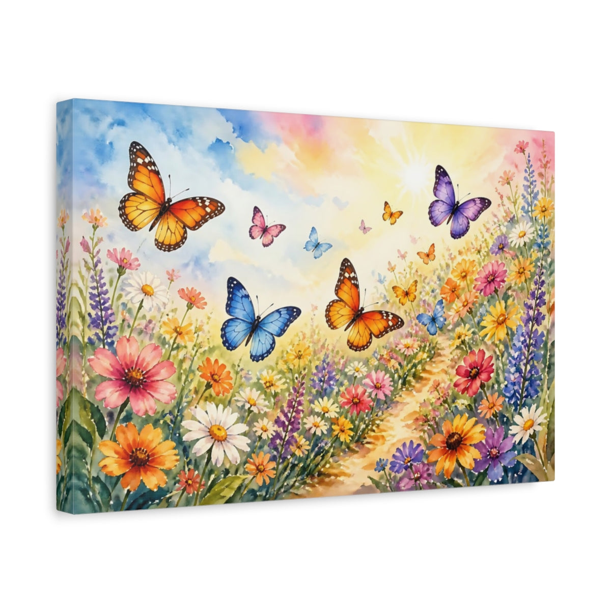 Side Mockup 4. Sunlit Butterfly Meadow shown as canvas print