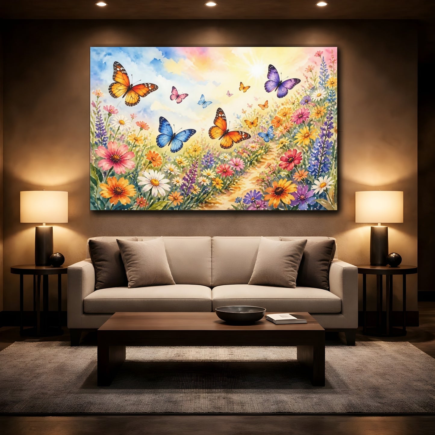 Mockup 2. Sunlit Butterfly Meadow shown as canvas print