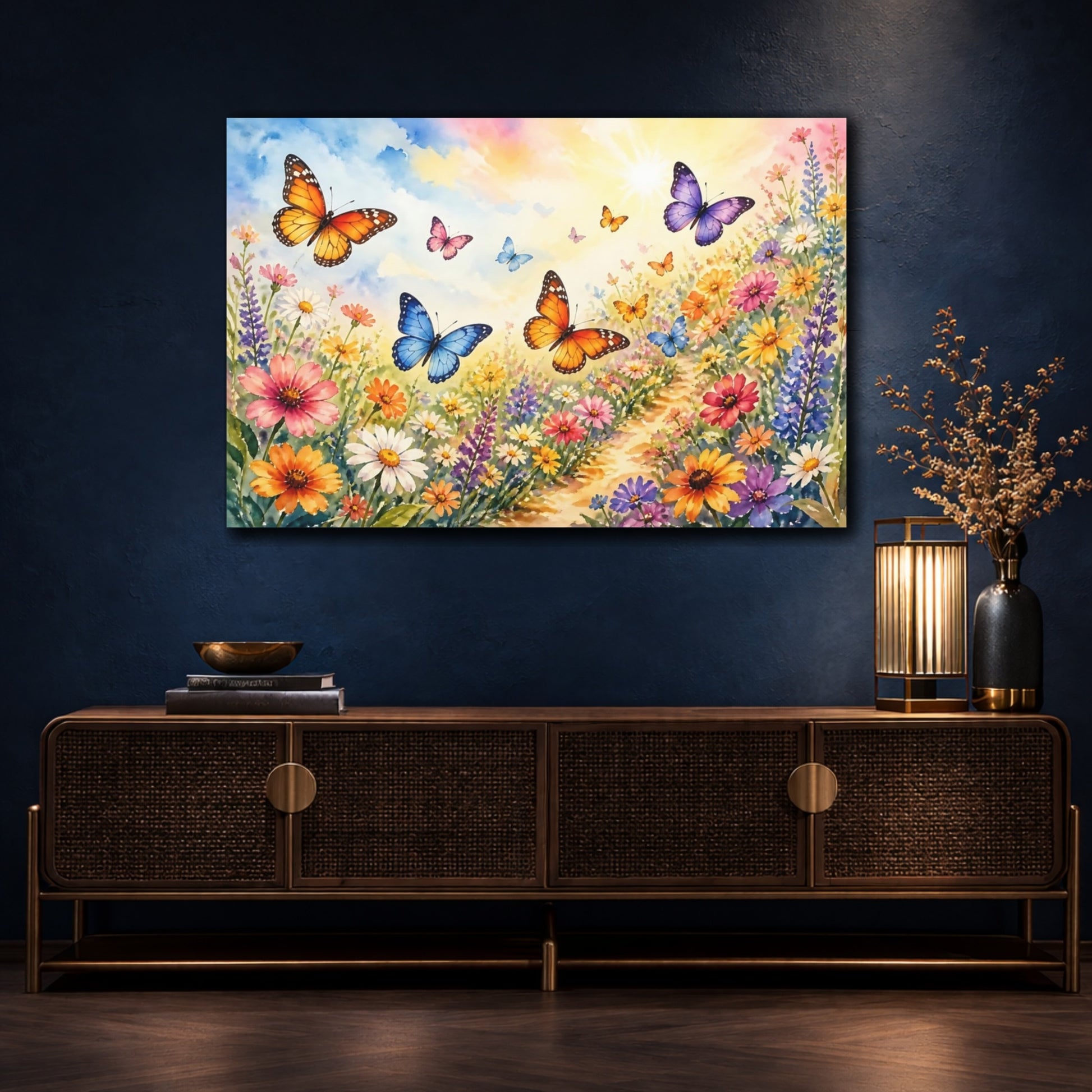 Mockup 4. Sunlit Butterfly Meadow shown as canvas print