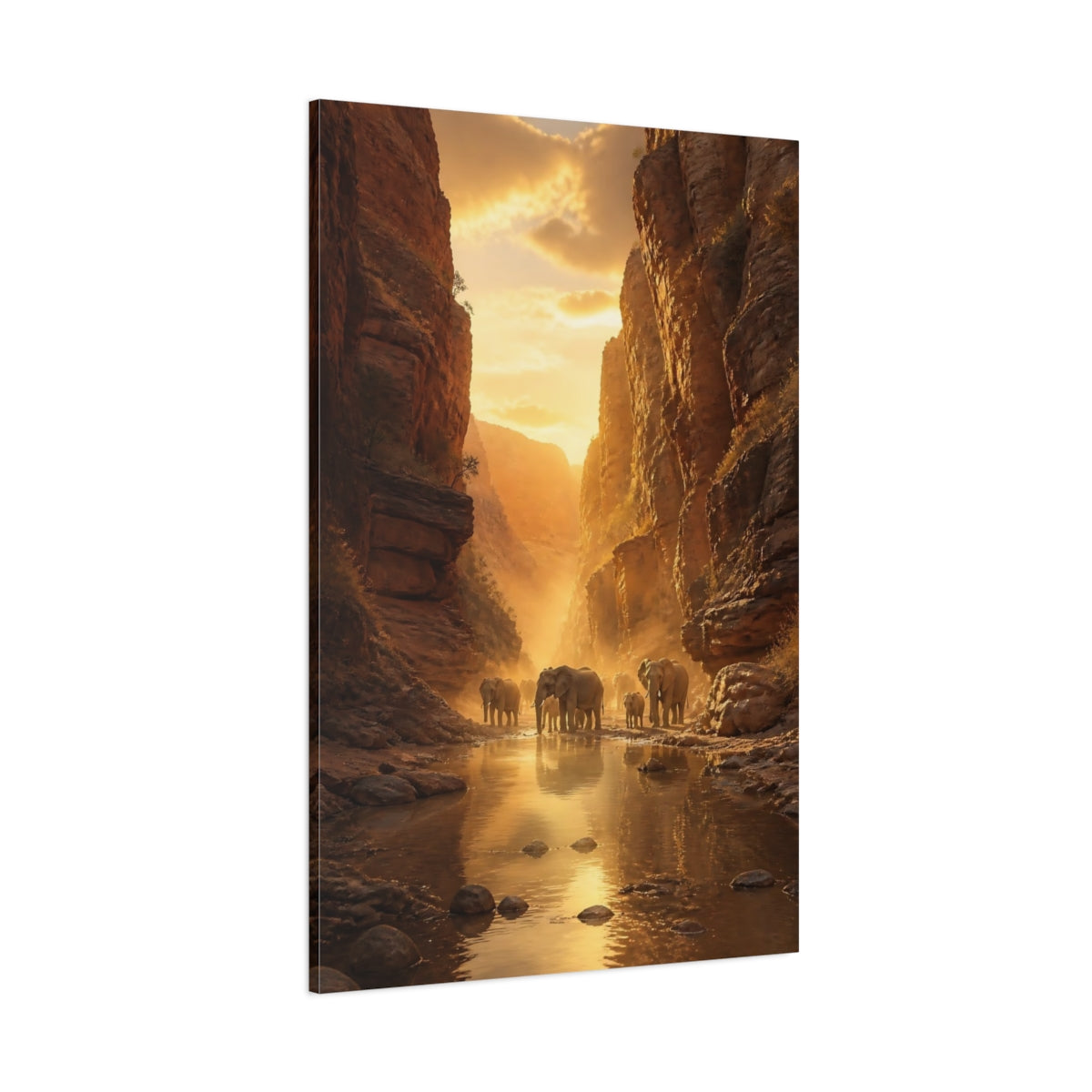 Side Mockup 1. Sunlit Canyon Elephants shown as canvas print
