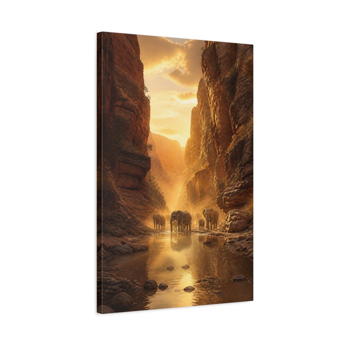 Side Mockup 2. Sunlit Canyon Elephants shown as canvas print