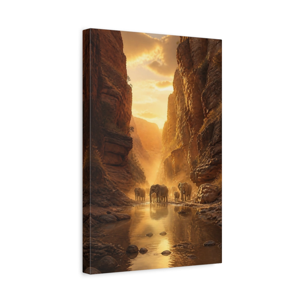 Side Mockup 4. Sunlit Canyon Elephants shown as canvas print