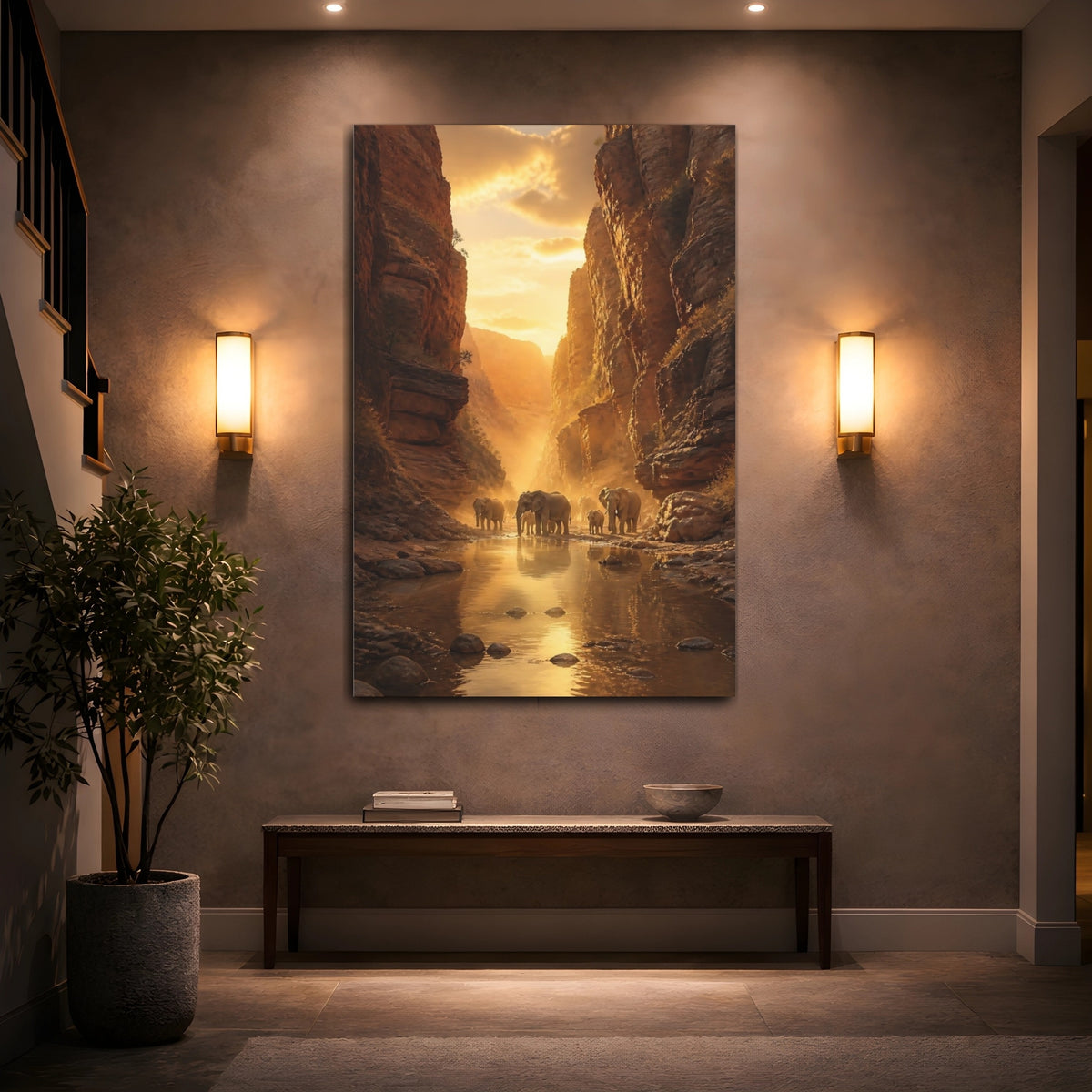 Mockup 2. Sunlit Canyon Elephants shown as canvas print