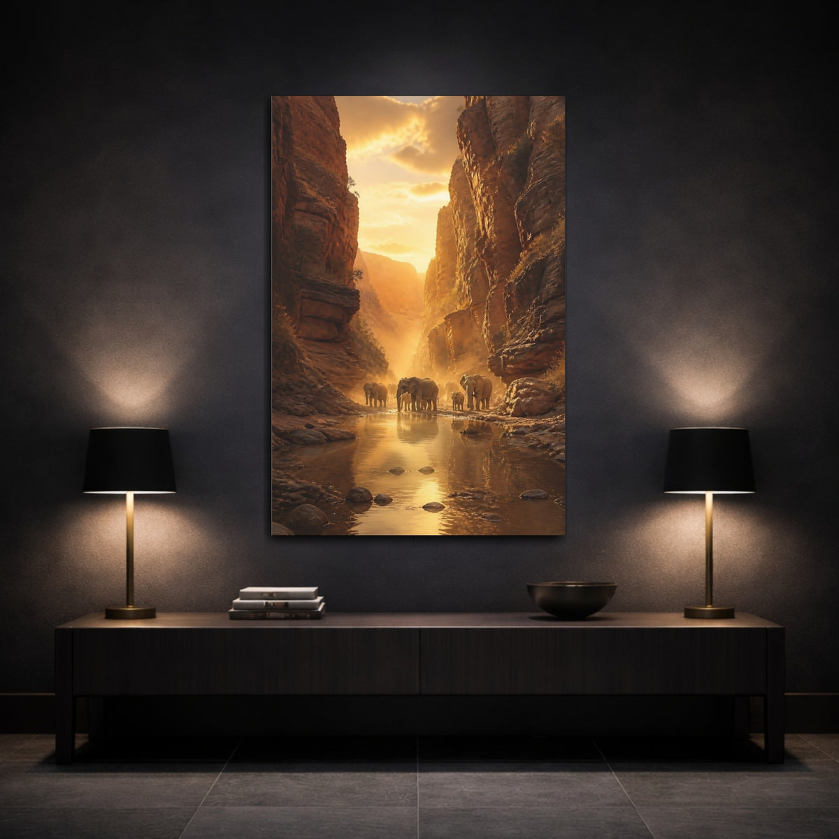 Mockup 3. Sunlit Canyon Elephants shown as canvas print