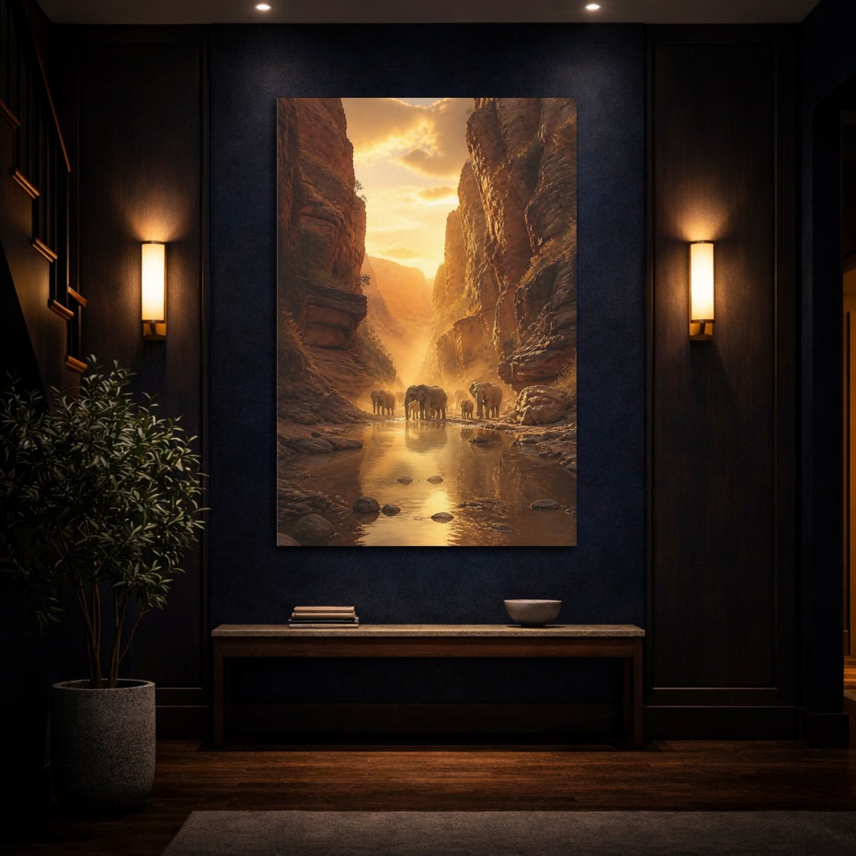 Mockup 4. Sunlit Canyon Elephants shown as canvas print