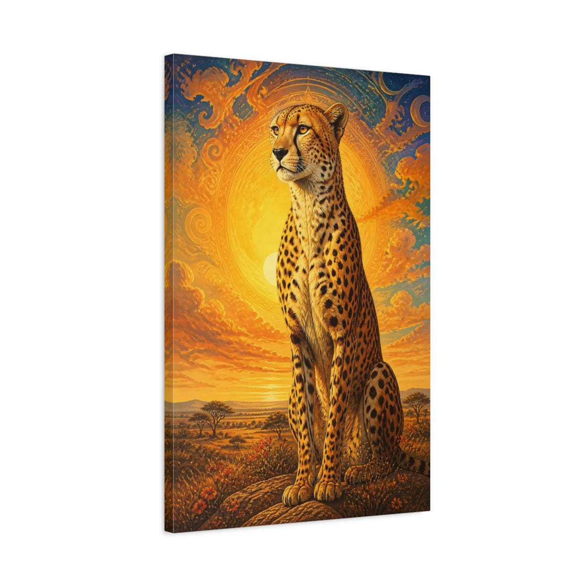 Side Mockup 2. Sunlit Cheetah Animals Portrait shown as canvas print