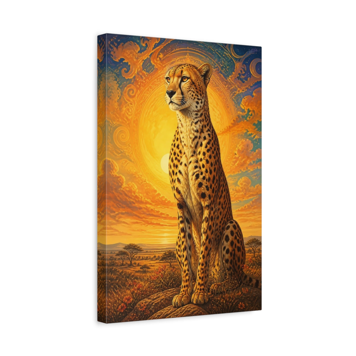 Side Mockup 4. Sunlit Cheetah Animals Portrait shown as canvas print