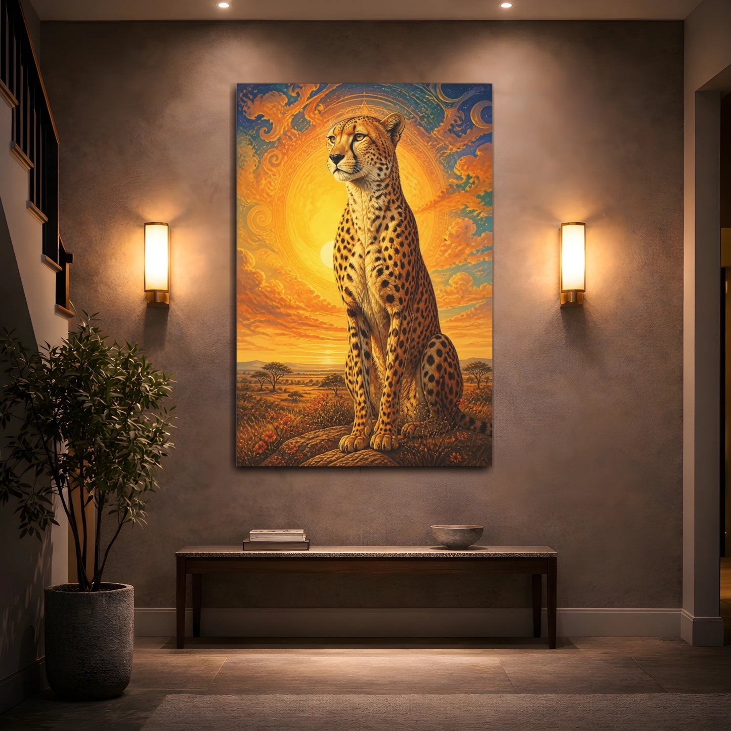 Mockup 2. Sunlit Cheetah Animals Portrait shown as canvas print