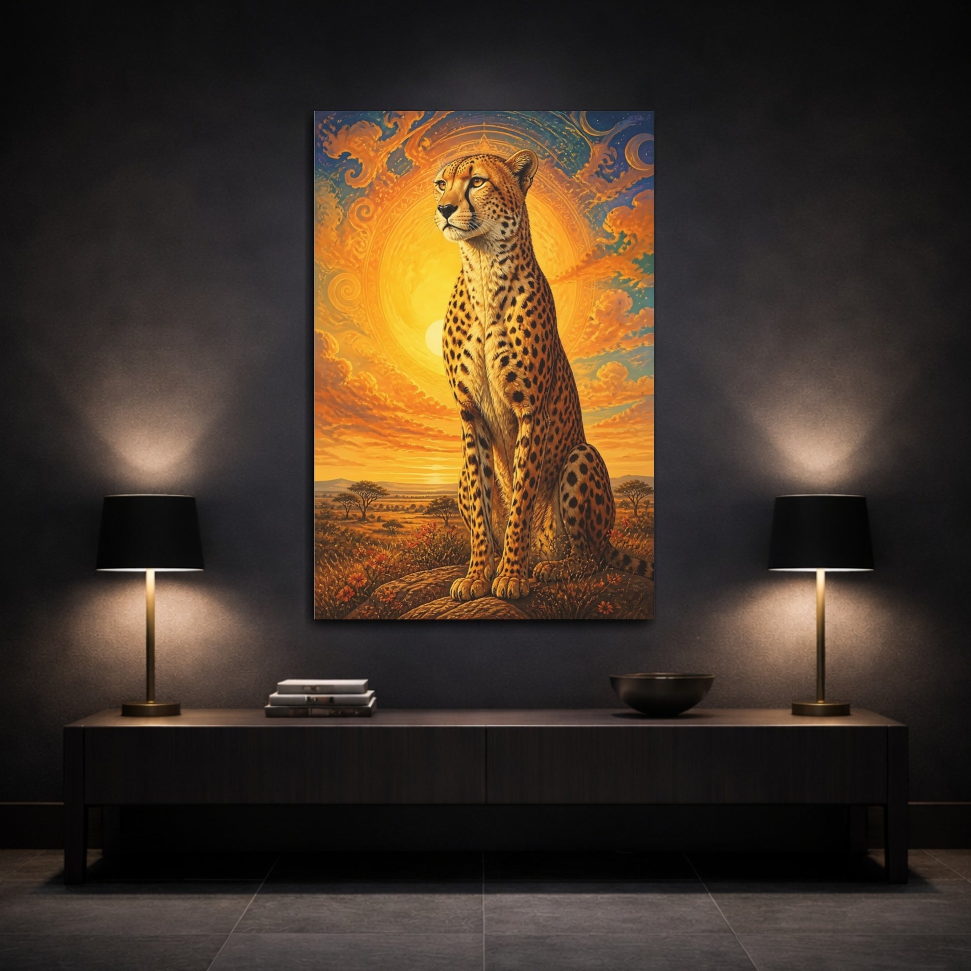 Mockup 3. Sunlit Cheetah Animals Portrait shown as canvas print