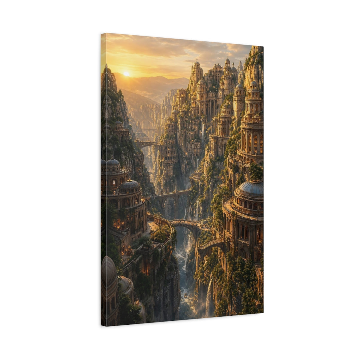 Side Mockup 2. Sunlit Cliffside City shown as canvas print