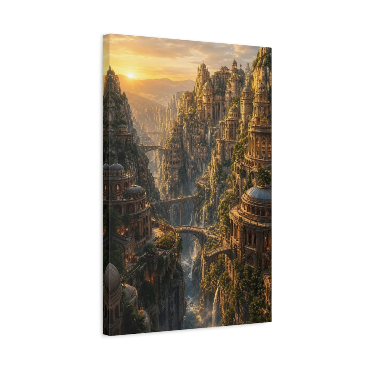 Side Mockup 3. Sunlit Cliffside City shown as canvas print