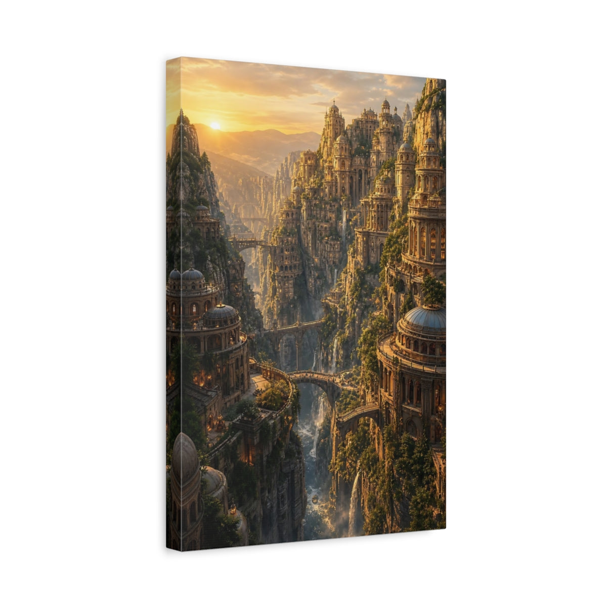 Side Mockup 4. Sunlit Cliffside City shown as canvas print