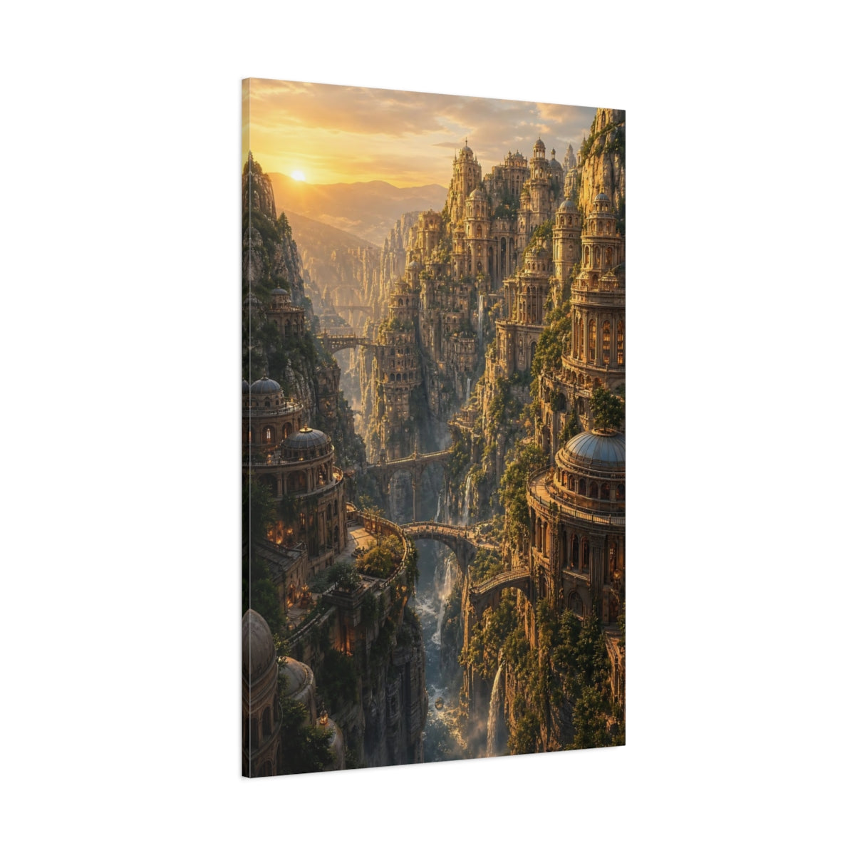 Side Mockup 1. Sunlit Cliffside City shown as canvas print