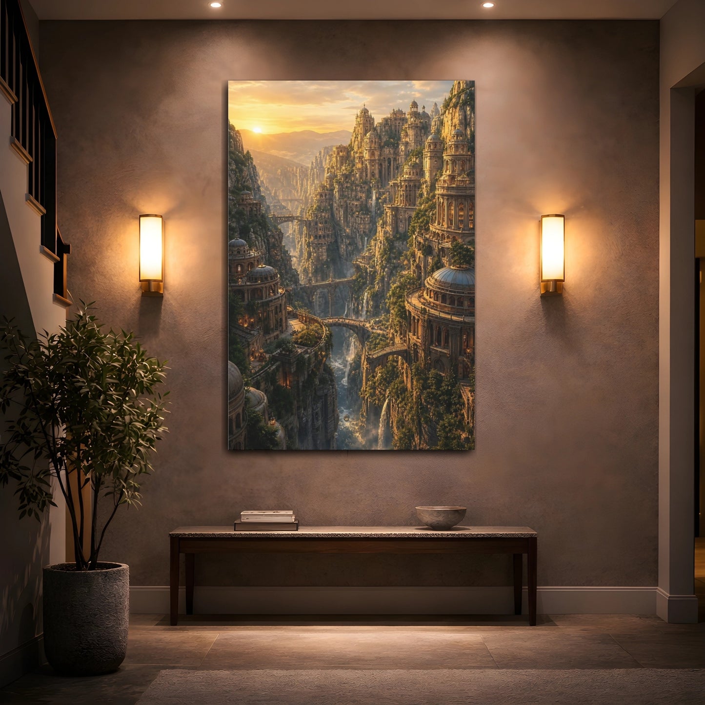 Mockup 2. Sunlit Cliffside City shown as canvas print